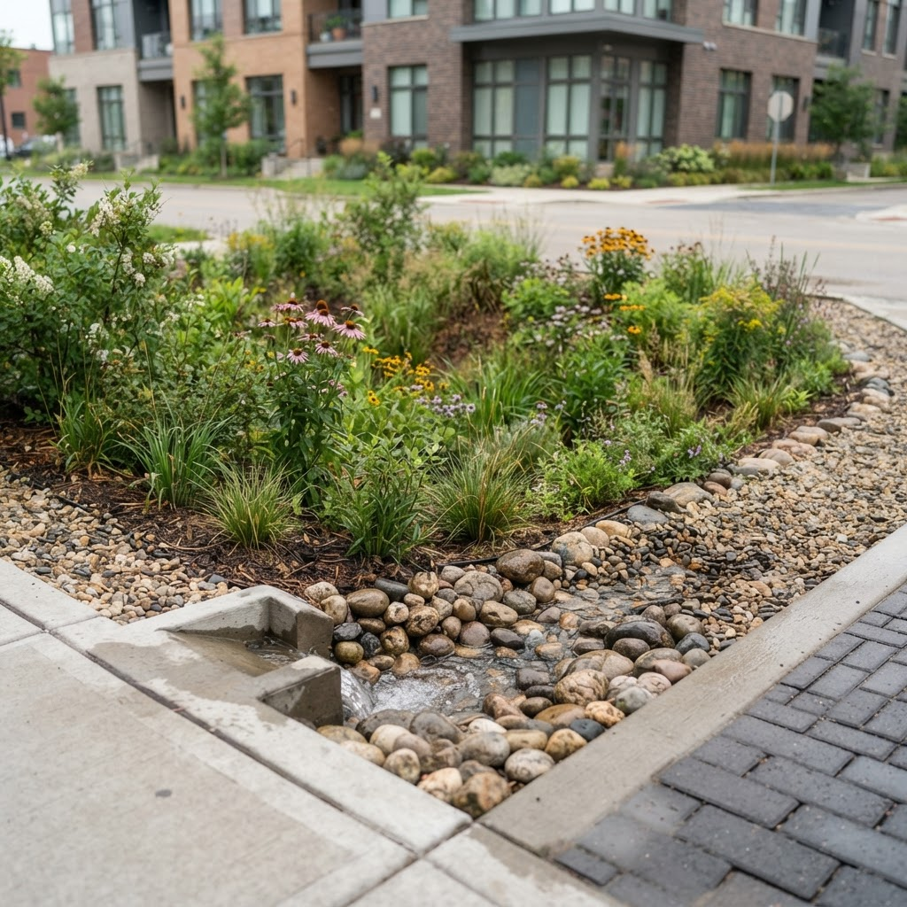 Landscaped bioretention rain garden using water-sensitive urban design in an urban development