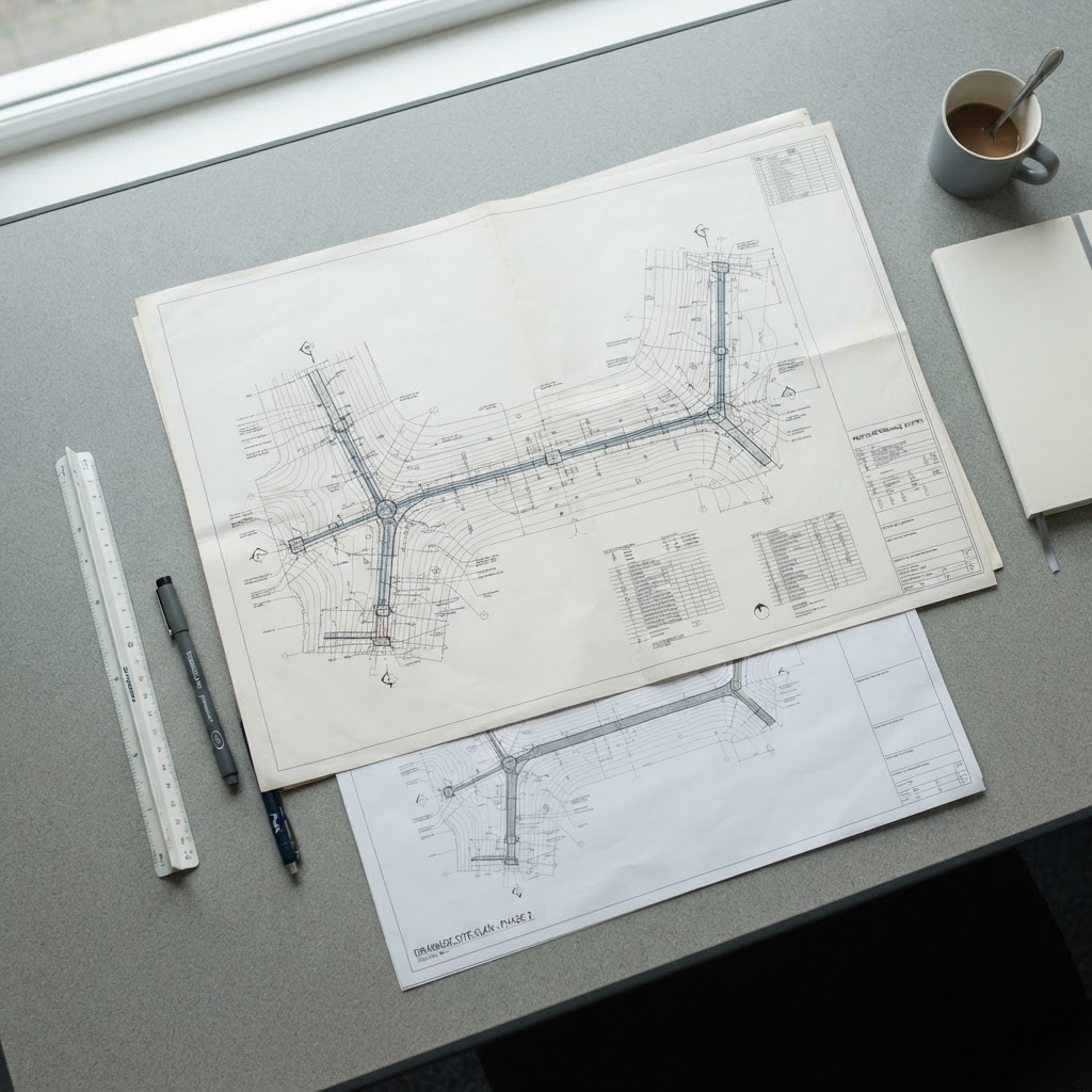 Civil engineering drainage plans and CAD drawings laid out on a desk